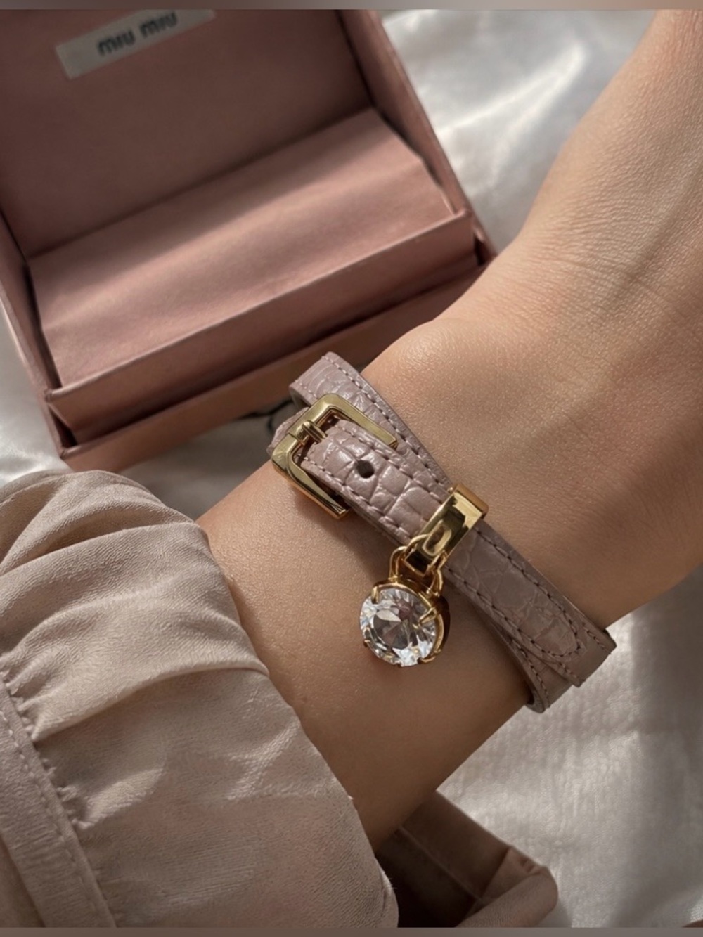 Miu Miu Madras-Crystal Pink Leather Wrap Bracelet Full Inclusion